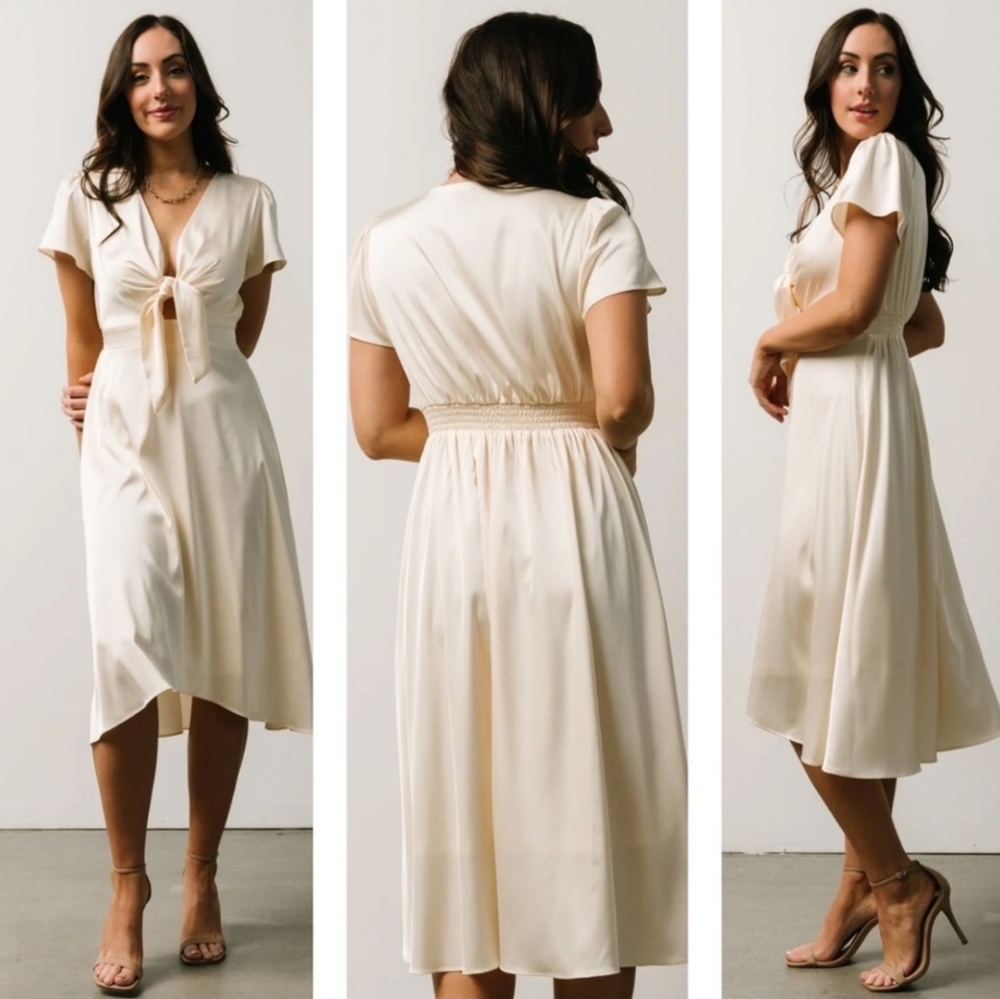 Baltic Born Womens Ivory Satin Midi Dress Knot Front Flutter Sleeve. Size M